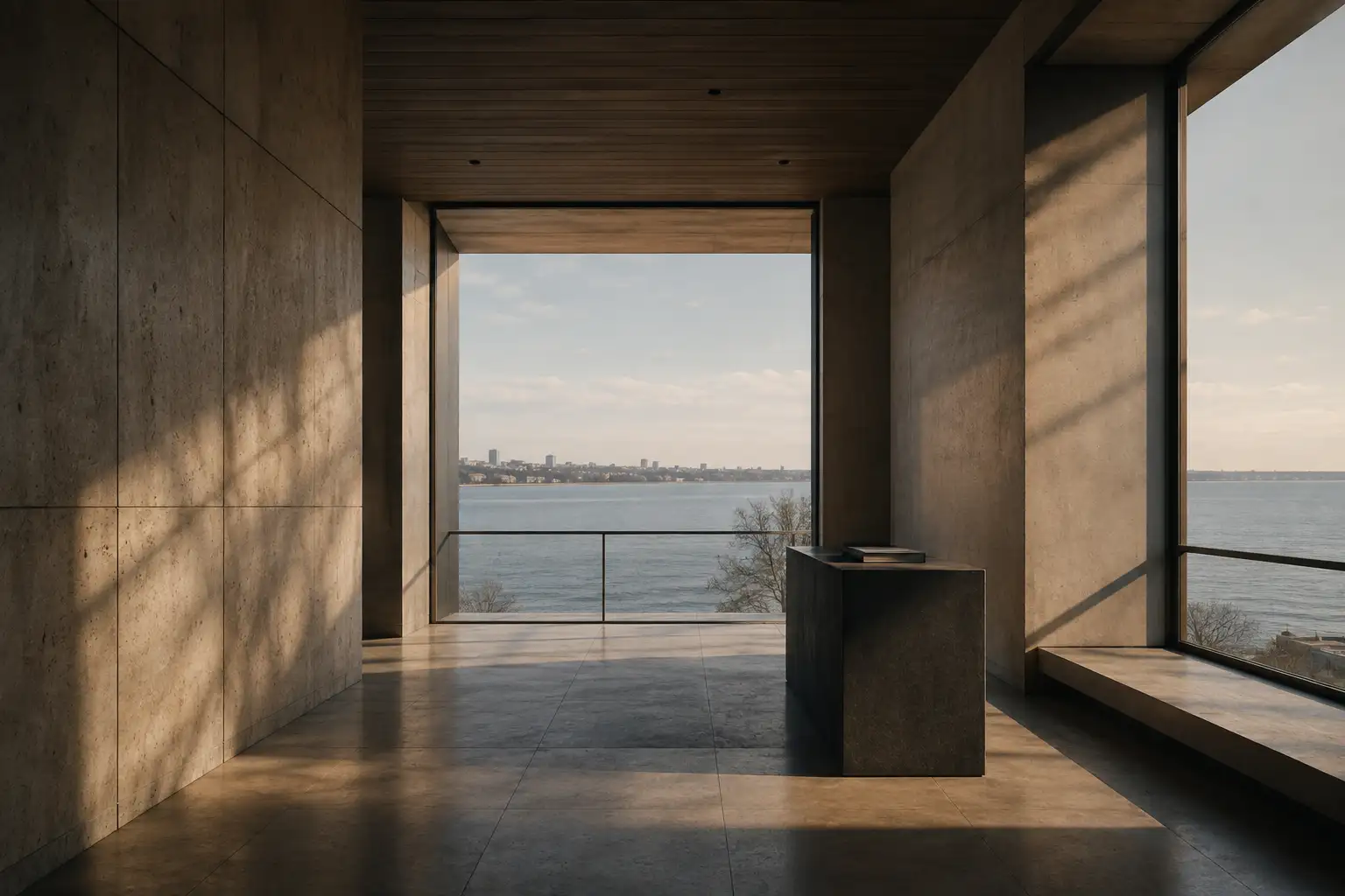 Warm light crossing a calm modern architectural space facing the water
