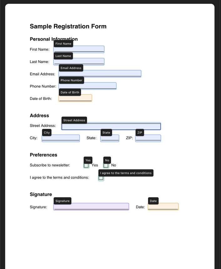PDFSight preview state showing detected form fields over the source document.