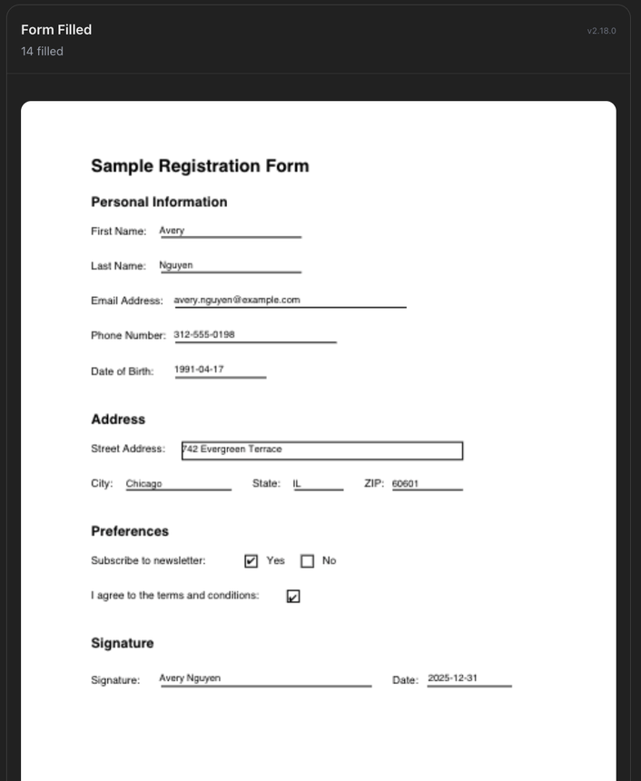 PDFSight filled state showing the resulting completed PDF document.