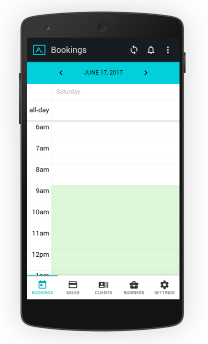 Calendrier historique de réservation Amidship sur mobile avec navigation Réservations, Ventes, Clients, Entreprise et Paramètres.